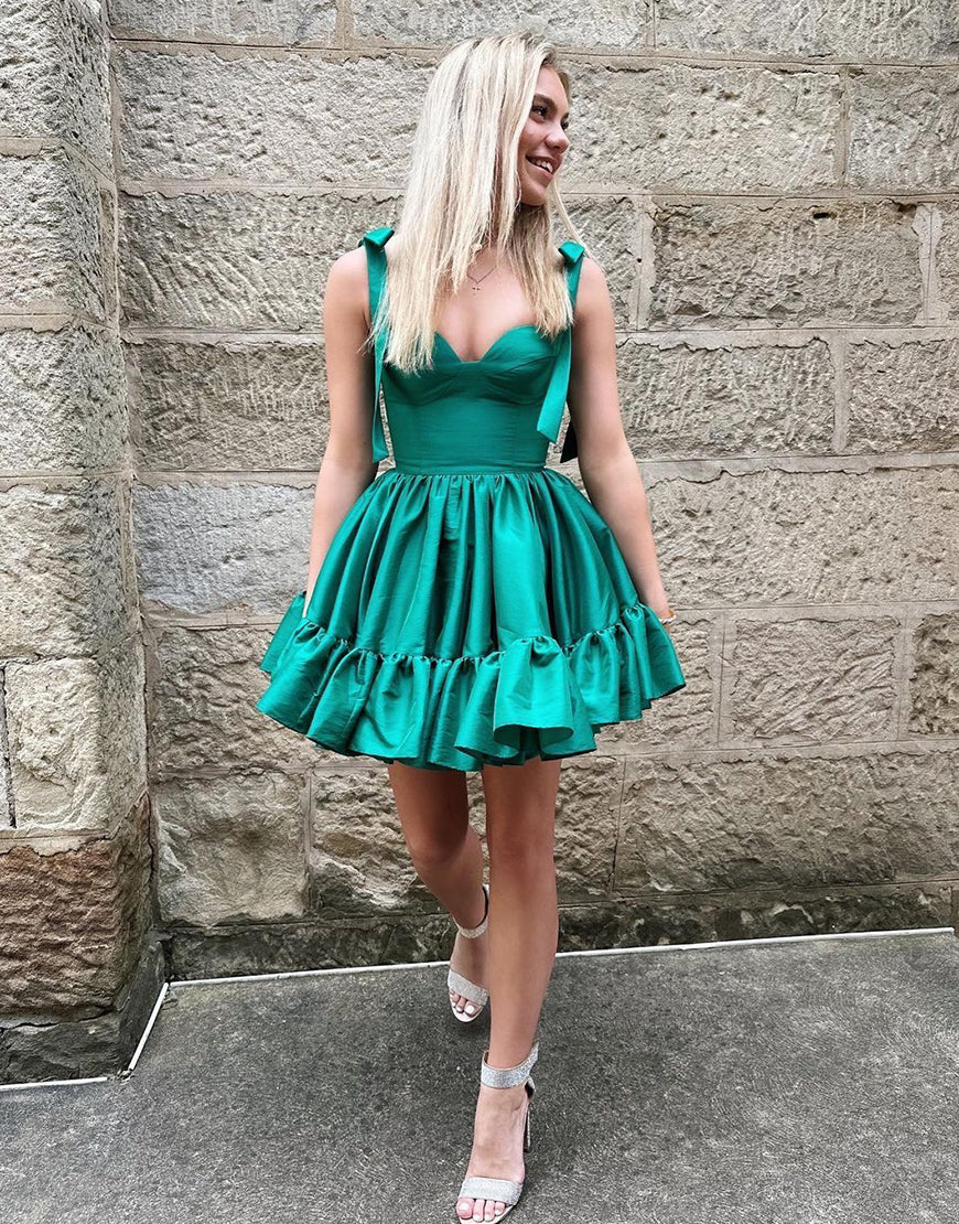 Green A-Line Tie Straps Short Satin Homecoming Dress - VelvetHem
