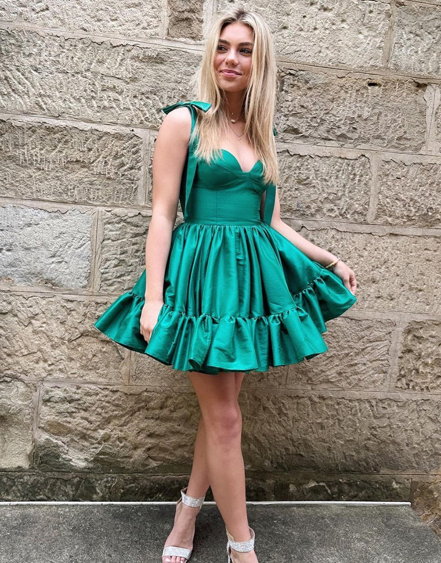 Green A-Line Tie Straps Short Satin Homecoming Dress - View 4 | VelvetHem