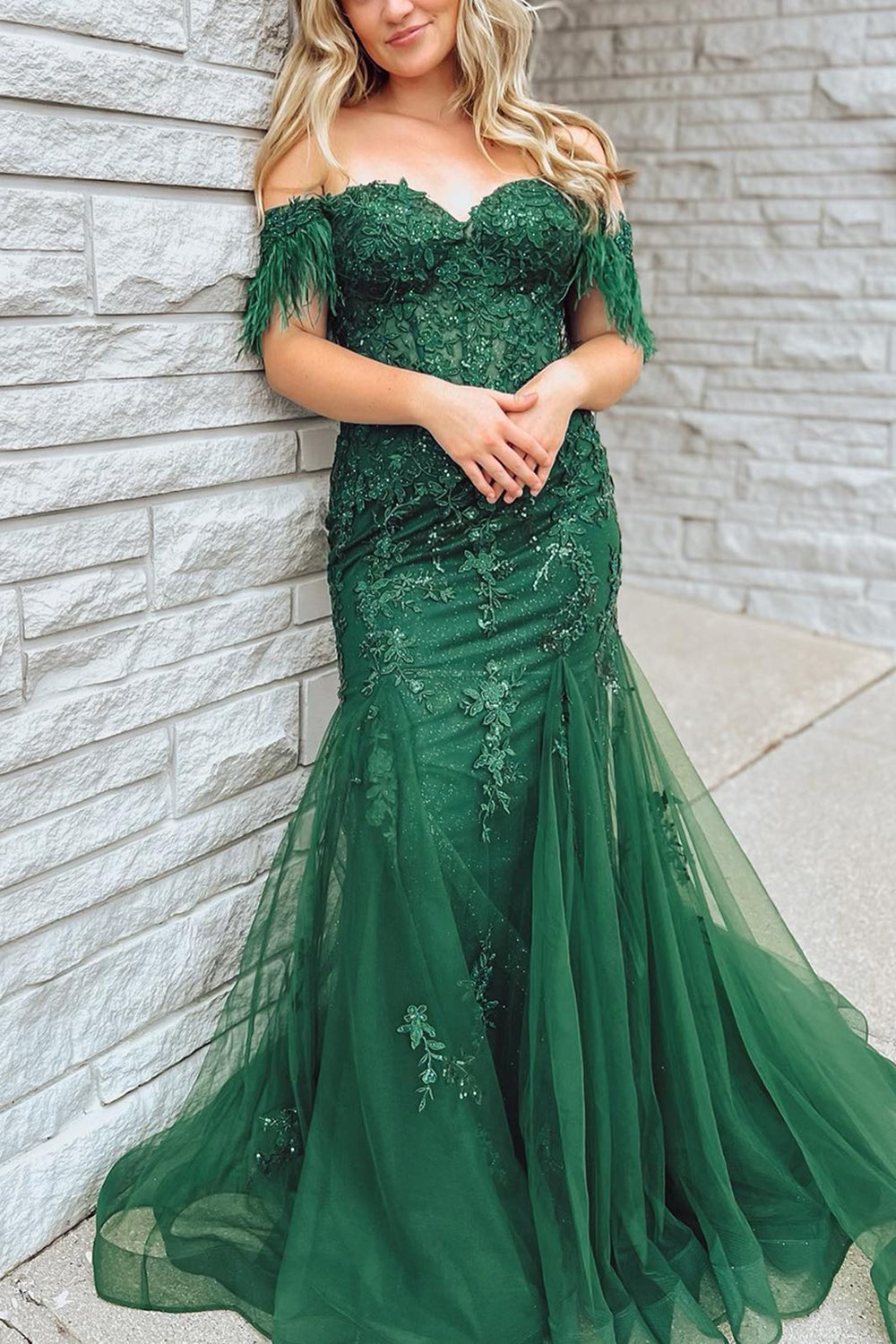 Dark Green Mermaid Off The Shoulder Long Prom Dress with Appliques - VelvetHem