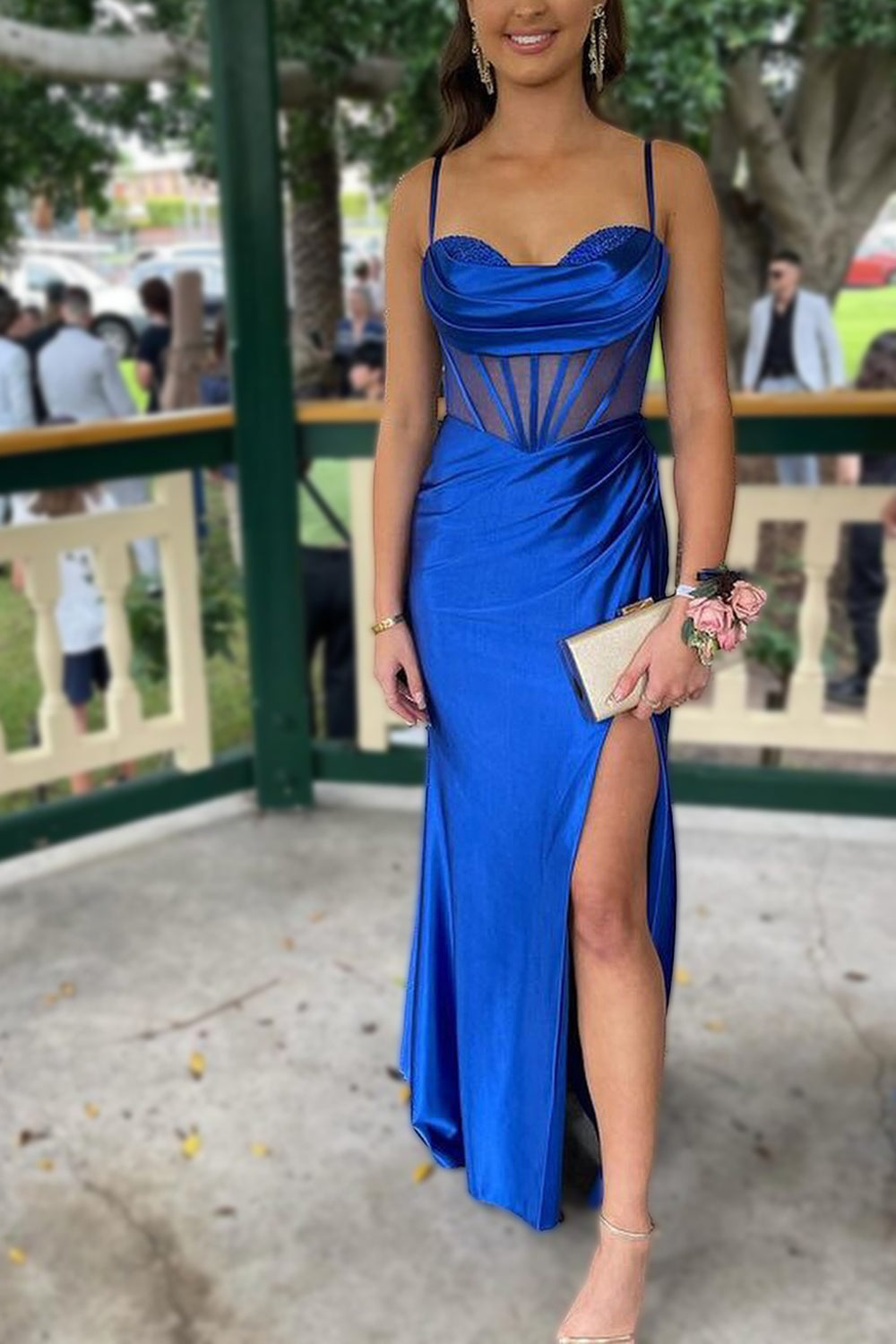 Royal Blue Mermaid Spaghetti Straps Long Satin Prom Dress With Split - View 4 | VelvetHem