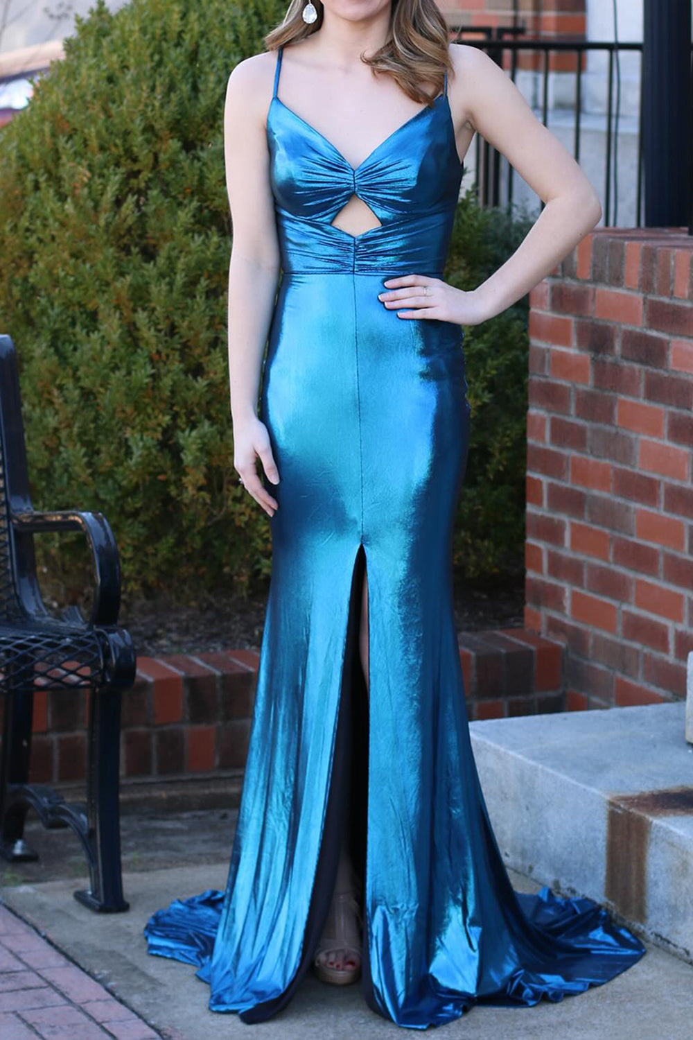 Dark Blue Mermaid Keyhole Back Long Satin Prom Dress With Slit - VelvetHem