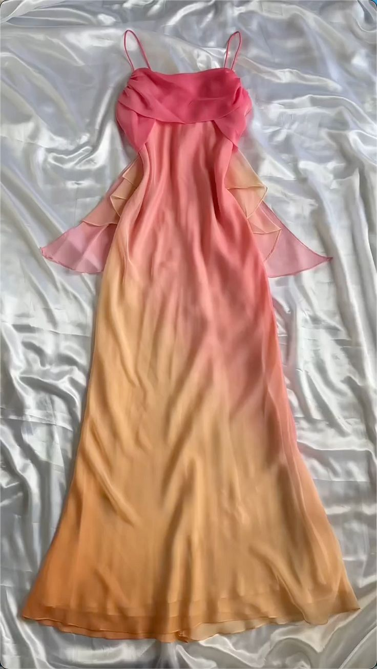 Pretty Spaghetti Straps Ombre Orange Chiffon Prom Dress Party Gown
