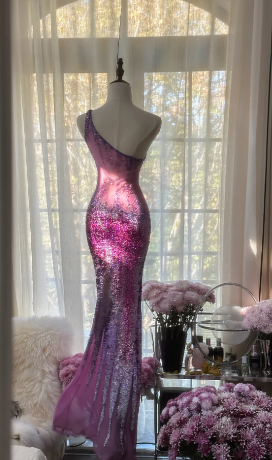 Glamorous Ombre Purple One Shoulder Chiffon Sequin Beaded Mermaid Long Evening Dress Birthday Party Dress - View 5 | VelvetHem