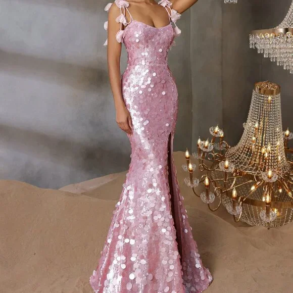 Sparkly Spaghetti Straps Pink Sequin Mermaid Slit Evening Dress Long Birthday Party Dress - View 2 | VelvetHem