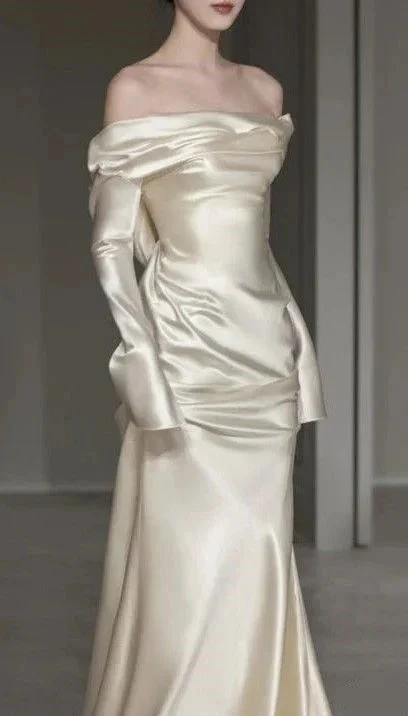 Classy Off-The-Shoulder Satin Wedding Dress (ZD13661)