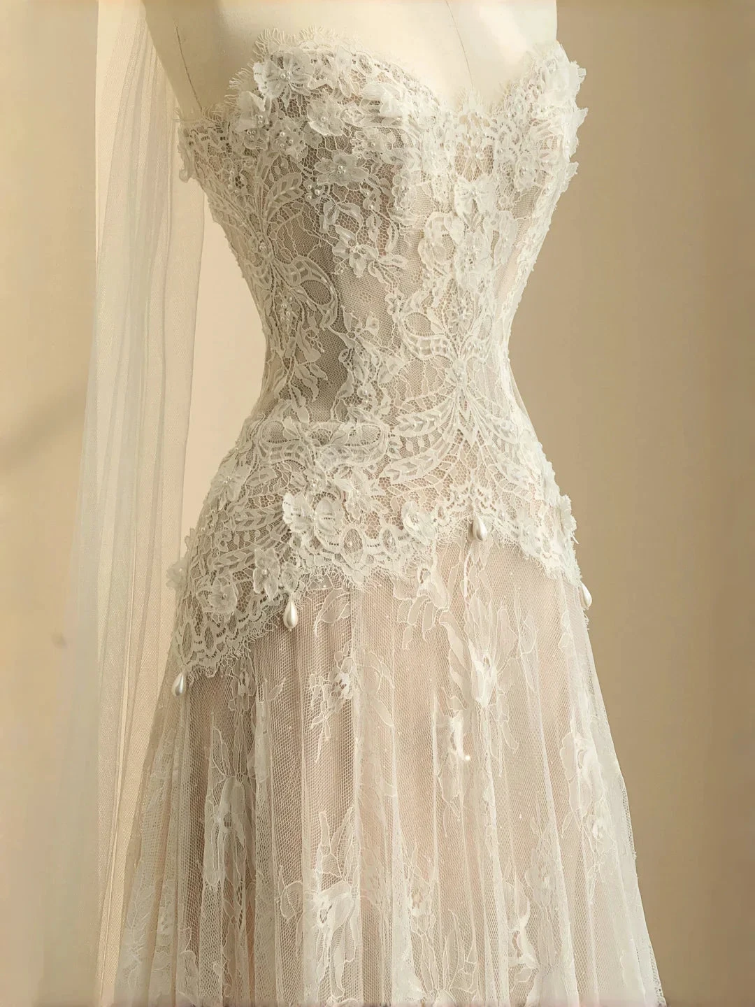 Pretty Strapless Tulle Lace Long A Line Wedding Dress,Formal Prom Evening Dress (ZD13776)