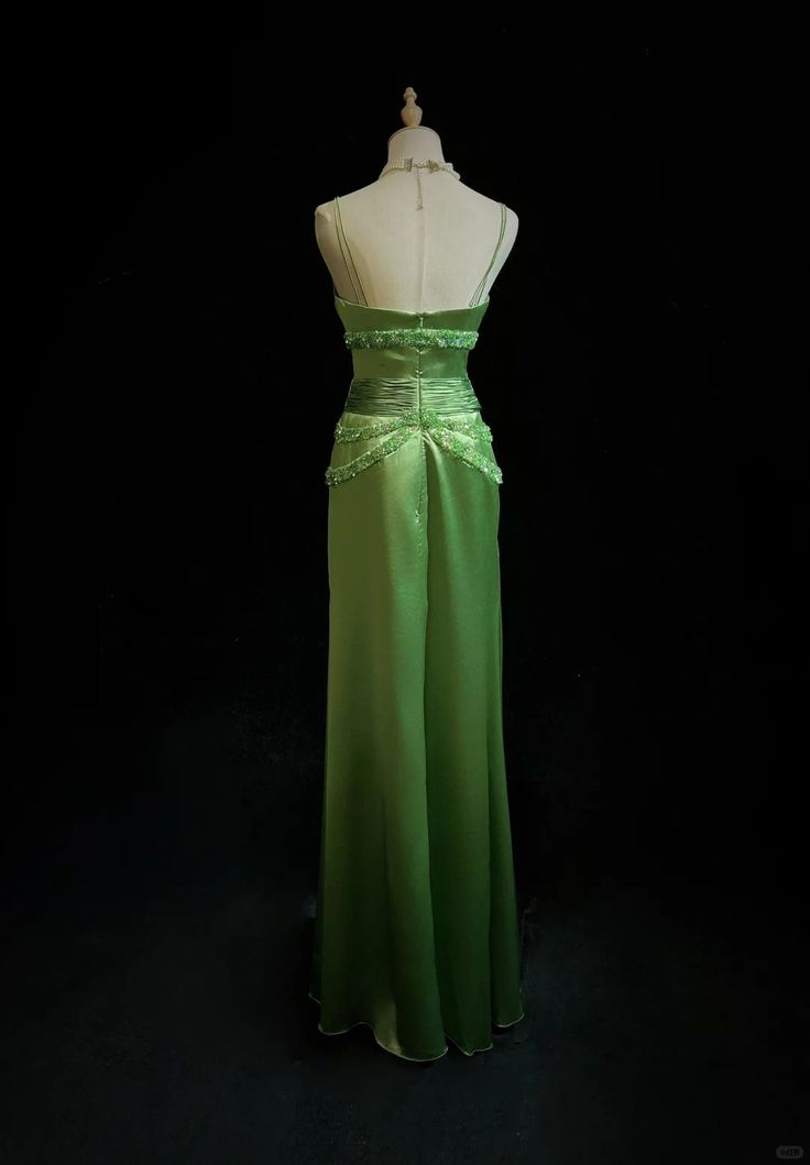 Vintage Green Satin Beaded Party Prom Dress,Spaghetti Strap Evening Dress - View 4 | VelvetHem