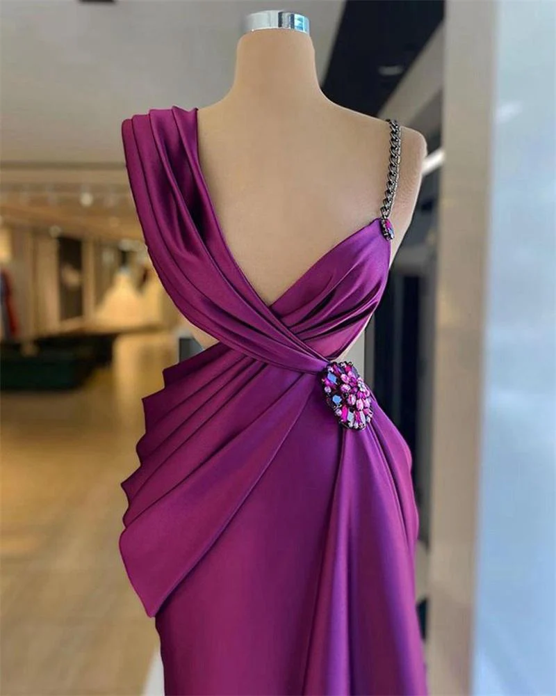 Purple Evening Dresses Beaded Crystals Ruched Pleats Satin Summer Spaghetti Strap Custom Made Prom Gown Formal Party Occasion Wear - View 2 | VelvetHem