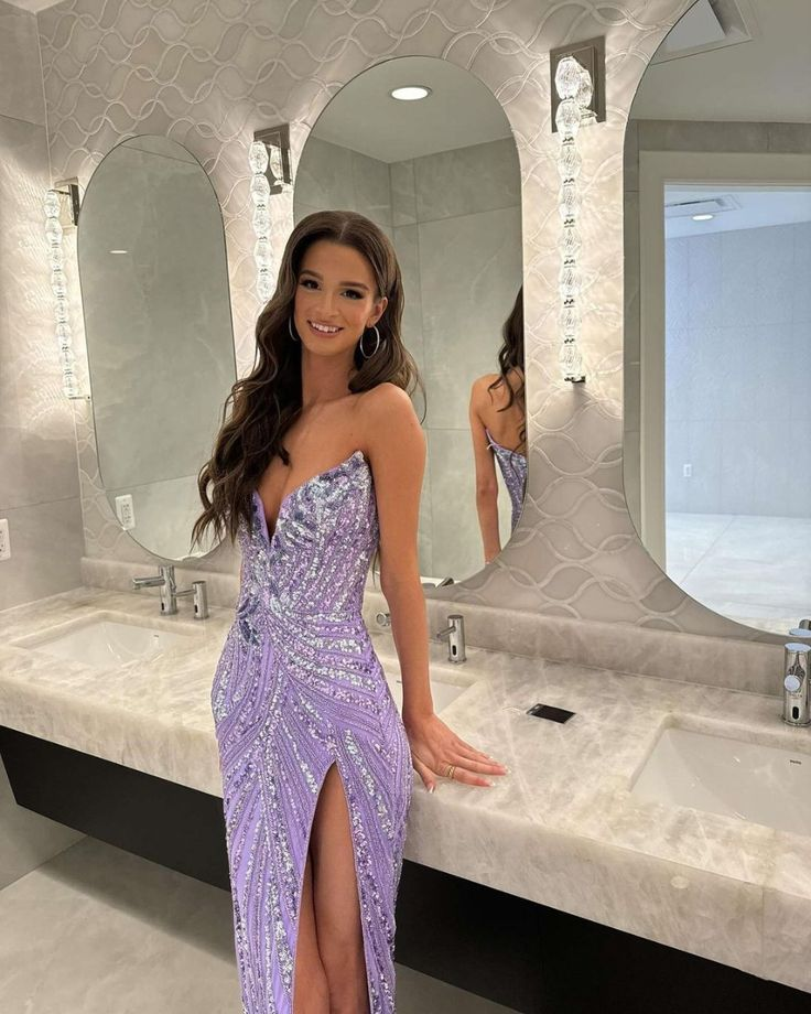 Lavender V Neck Sheath Slit Long Prom Evening Dress Y7898 - VelvetHem