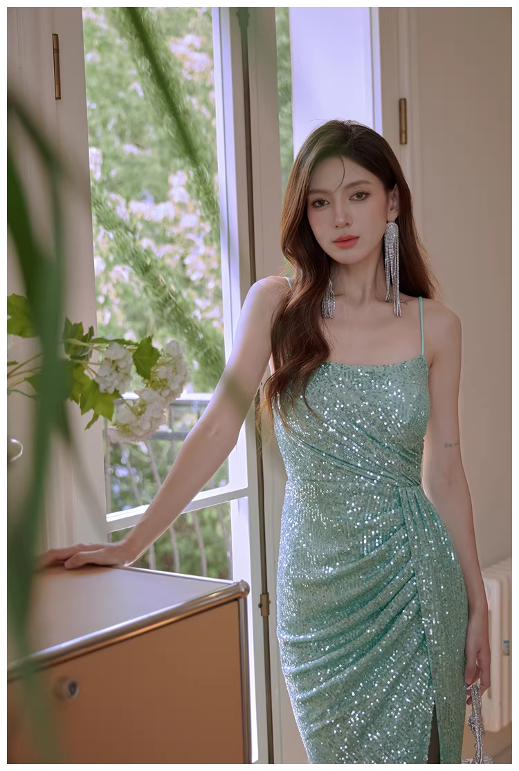 Sparkly Spaghetti Straps Mint Green Sequin Mermaid High Slit Long Prom Dress Evening Dress - View 6 | VelvetHem