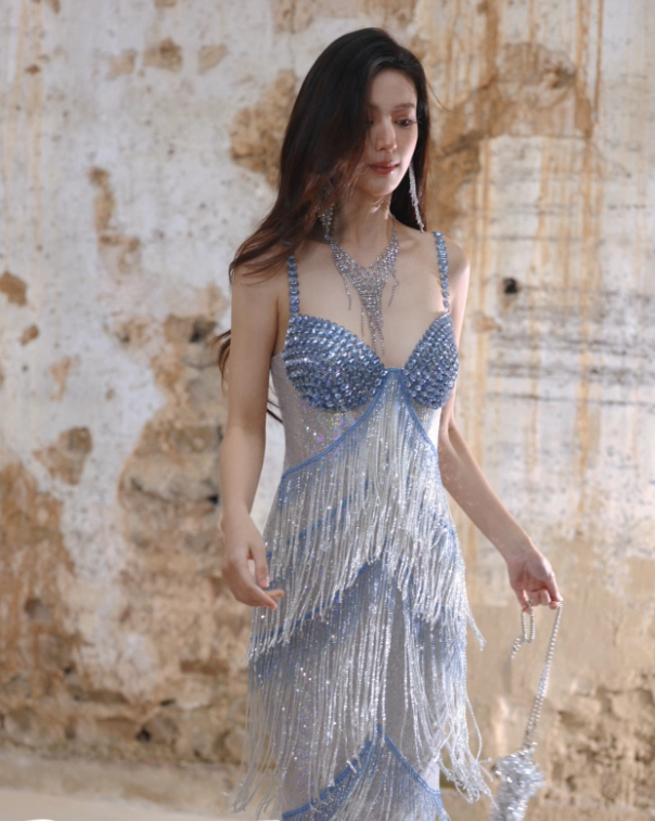 Glitter Spaghetti Straps Sequin Beaded Mermaid Long Evening Dress Birthday Prom Dress With Tassel - View 3 | VelvetHem