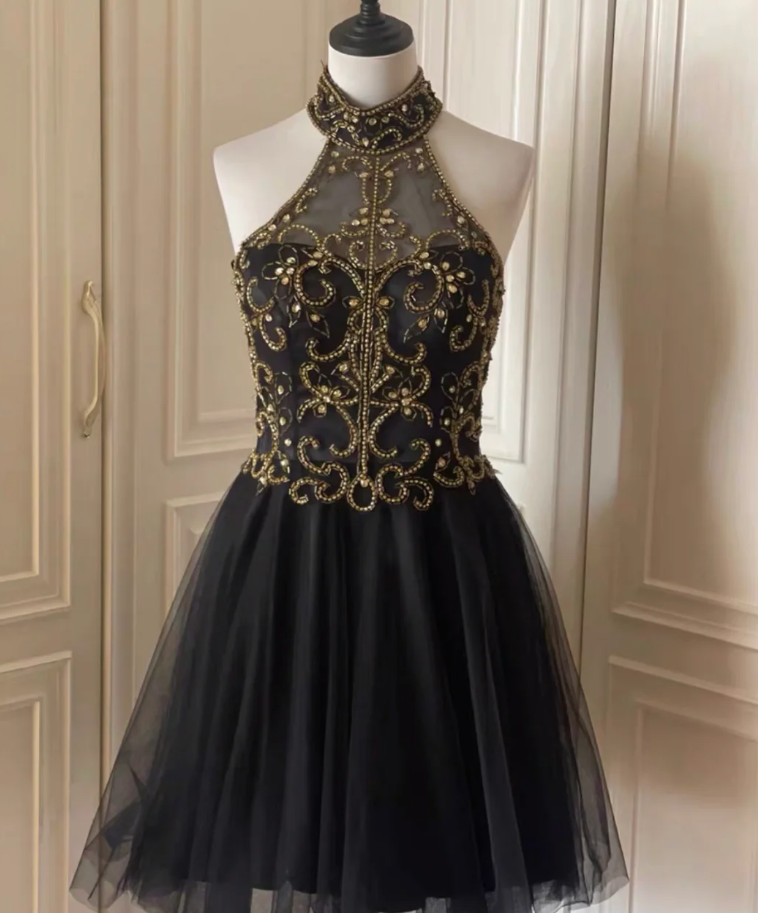 Stylish Halter Tulle Beaded A Line Homecoming Dress Black Sleeveless Birthday Dress Cocktail Dress