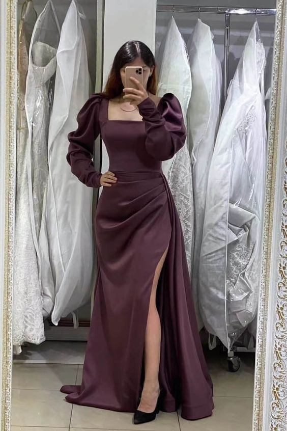 Long Puff Sleeves Mermaid Prom Dress With Split - View 2 | VelvetHem