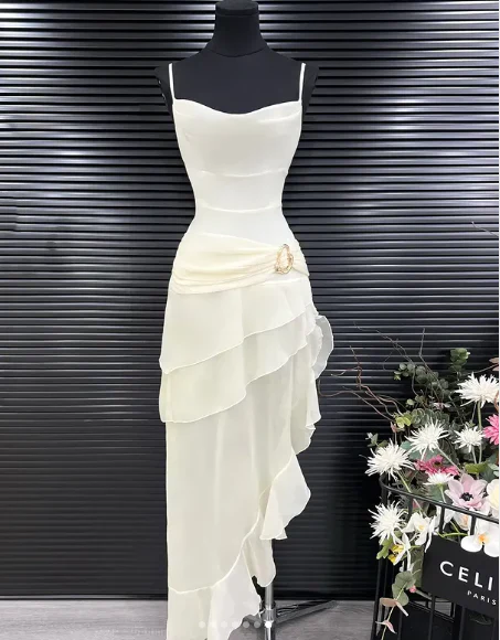 Elegant White Chiffon Spaghetti Straps Ruffles Evening Dress Long Party Prom Dress - View 7 | VelvetHem