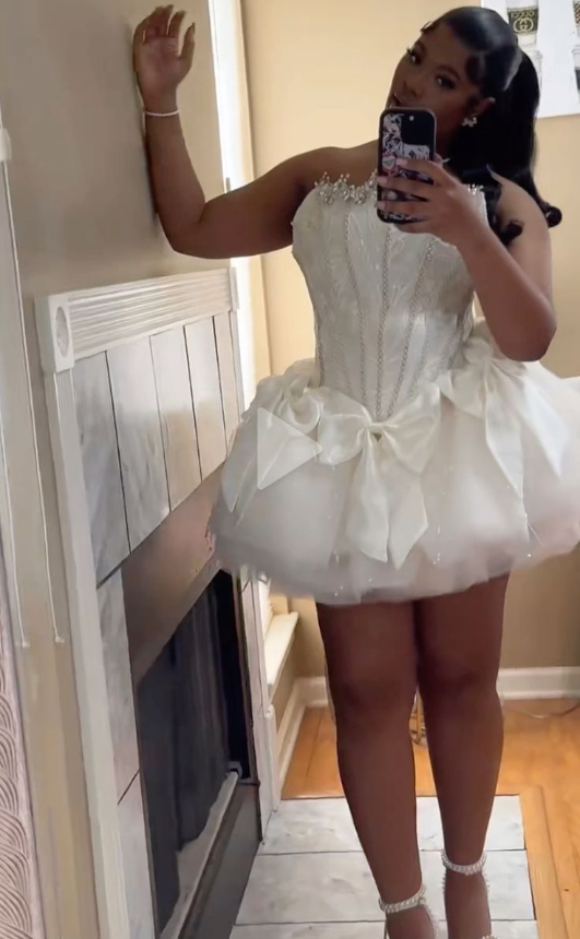 Charming Strapless Tulle Sequin Beaded Birthday Outfits White Graduation Homecoming Dress - View 2 | VelvetHem