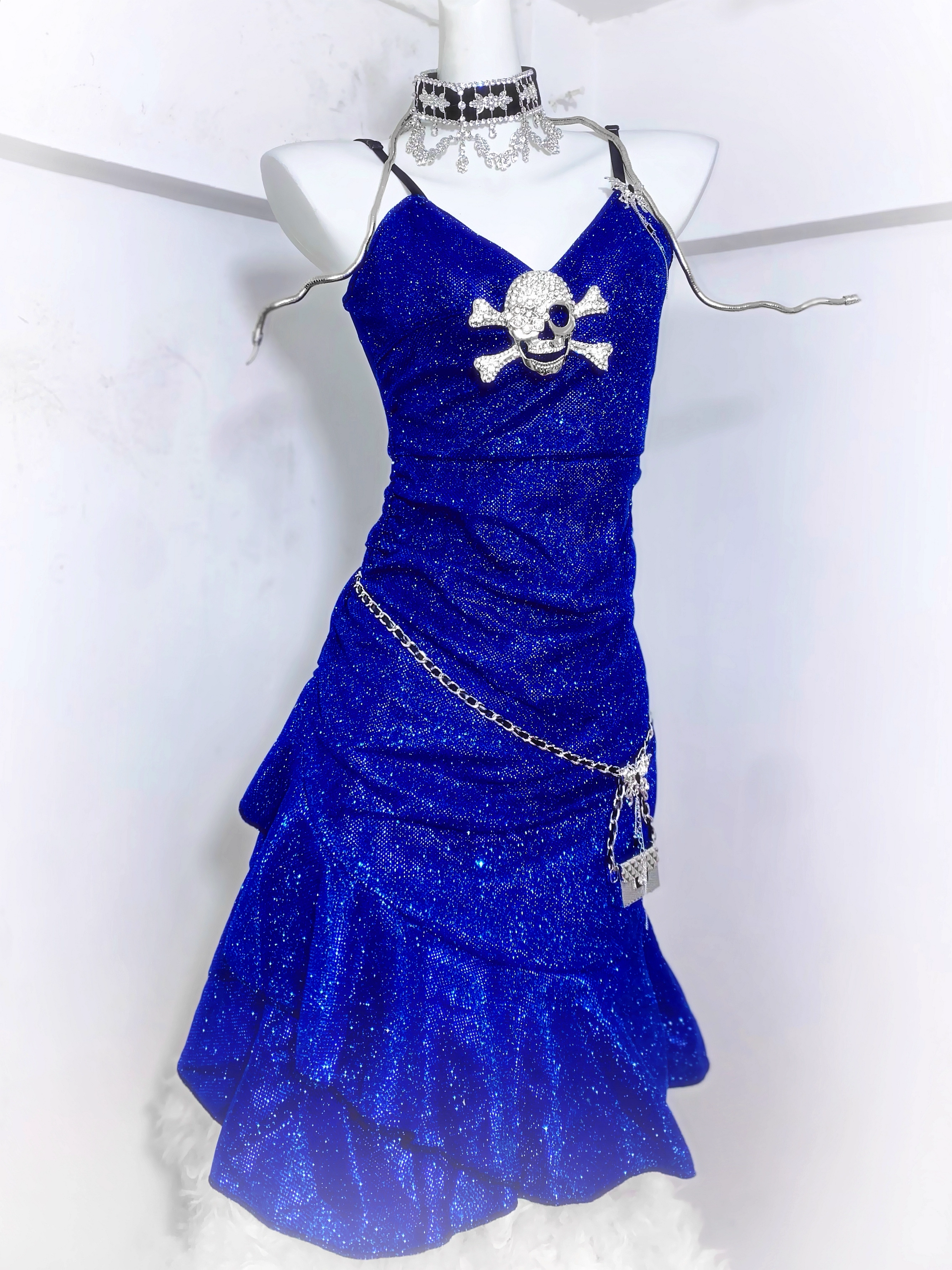 Gorgeous Spaghetti Straps Royal Blue Satin Ruffles Homecoming Dress Cocktail Dress