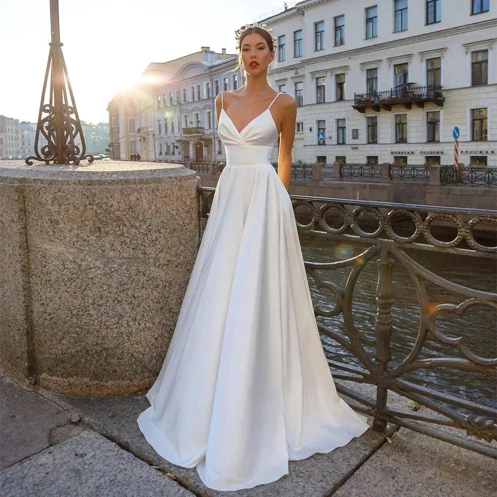 Wedding Dress Sexy Spaghetti Straps V Neck Backless Satin Bridal Gown Sweep Train Vestidos De Novia Marriage Dresses (ZD13557) - VelvetHem