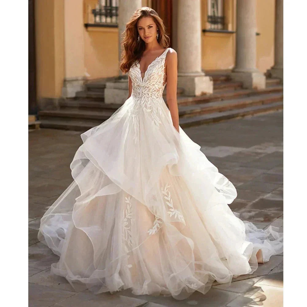 Wedding Dresses 2023 Bohemia A-line Sexy V-neck Pleated Backless Button Bridal Gowns Women's Elegant Backless Vestidos De Novia by payinti
