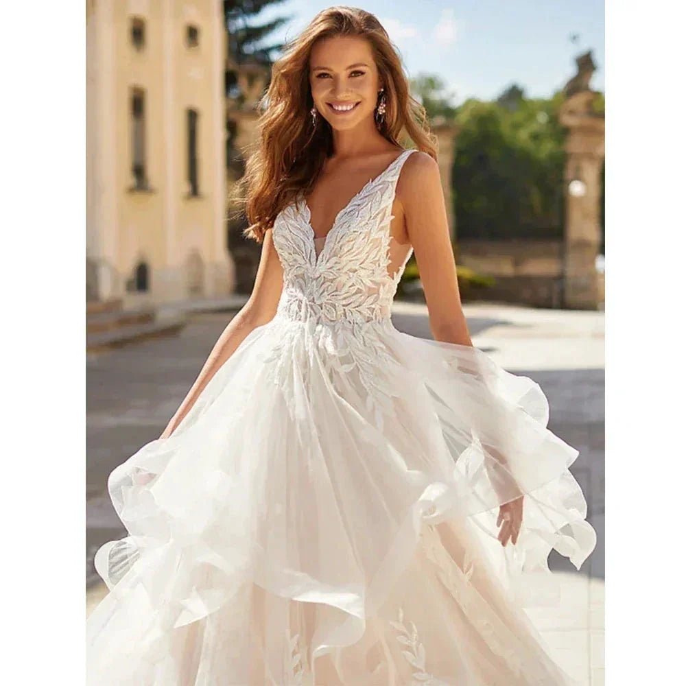 Wedding Dresses 2023 Bohemia A-line Sexy V-neck Pleated Backless Button Bridal Gowns Women's Elegant Backless Vestidos De Novia (ZD14178)