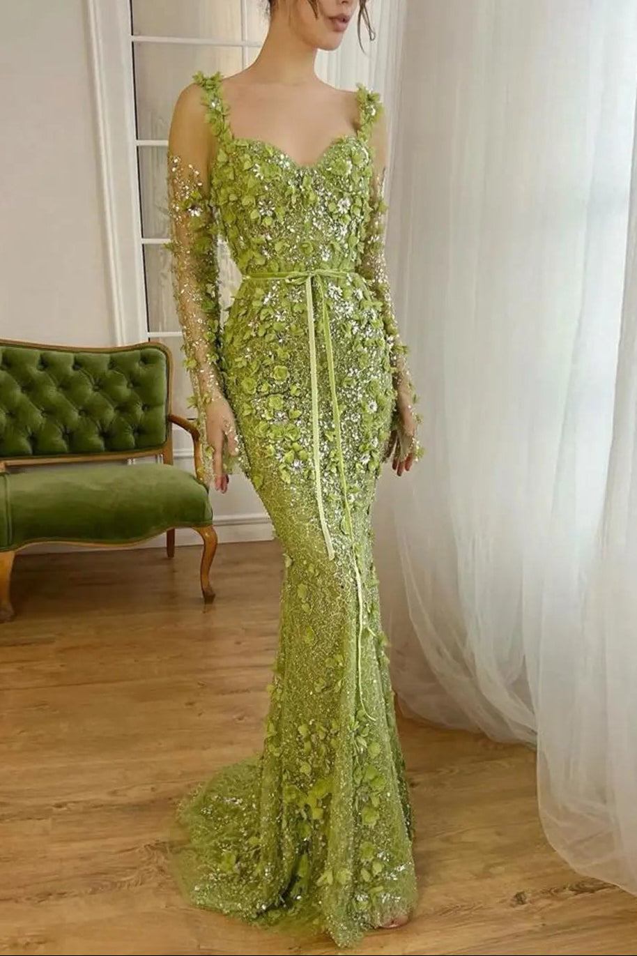 Luxury Green 3D Floral Evening Dress with Long Sleeves