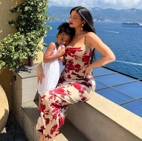 Alejandra Statement Long Bodycon Dress with Rose Print Boutique Collection