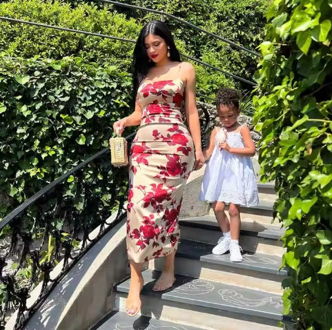 Alana Elevated Long Bodycon Dress with Rose Print Premium Wardrobe Essential