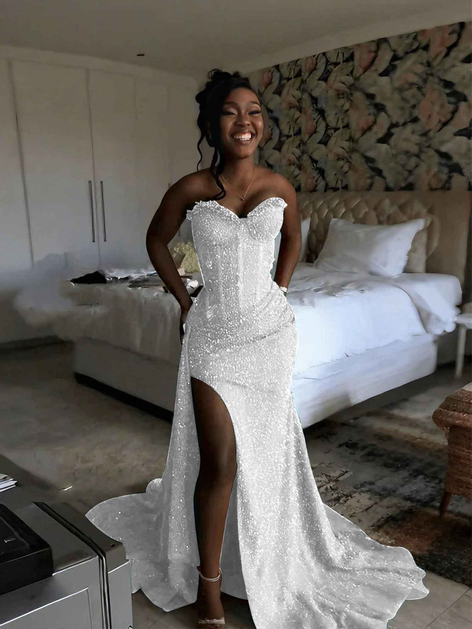 Glitter Strapless Mermaid Sequined Long Prom Dress with Slit (ZD17399)