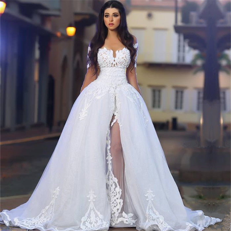 White A-Line Elegant  Bride Dress Appliques Tulle Long Sleeves Wedding Dresss BA4426