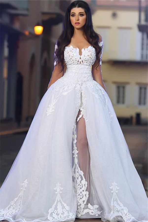 White A-Line Elegant  Bride Dress Appliques Tulle Long Sleeves Wedding Dresss BA4426