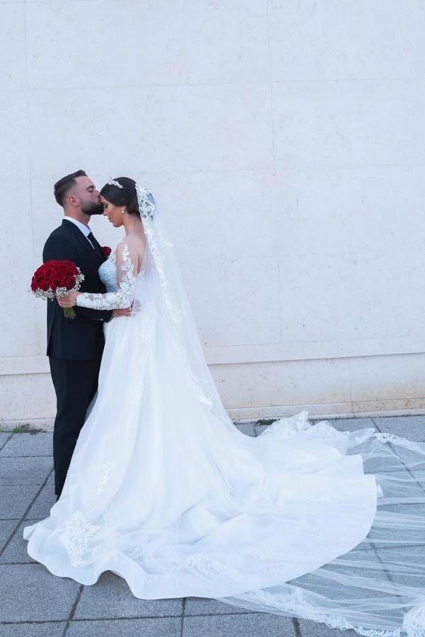 White A-line Lace Mermaid Wedding Gown with Detachable Sweep Train