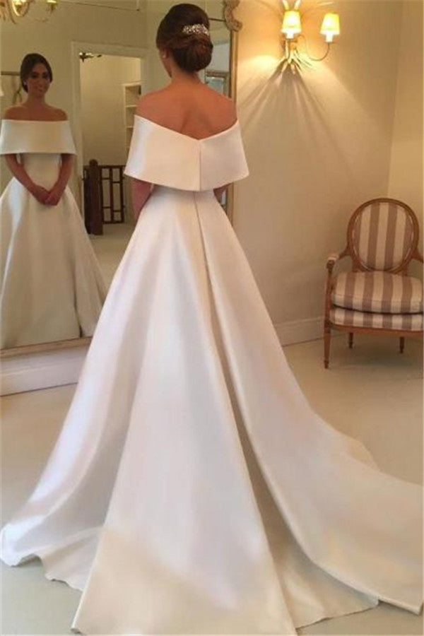 White A-line Satin Wedding Dresses |  Off the Shoulder Court Train Simple Bridal Gowns