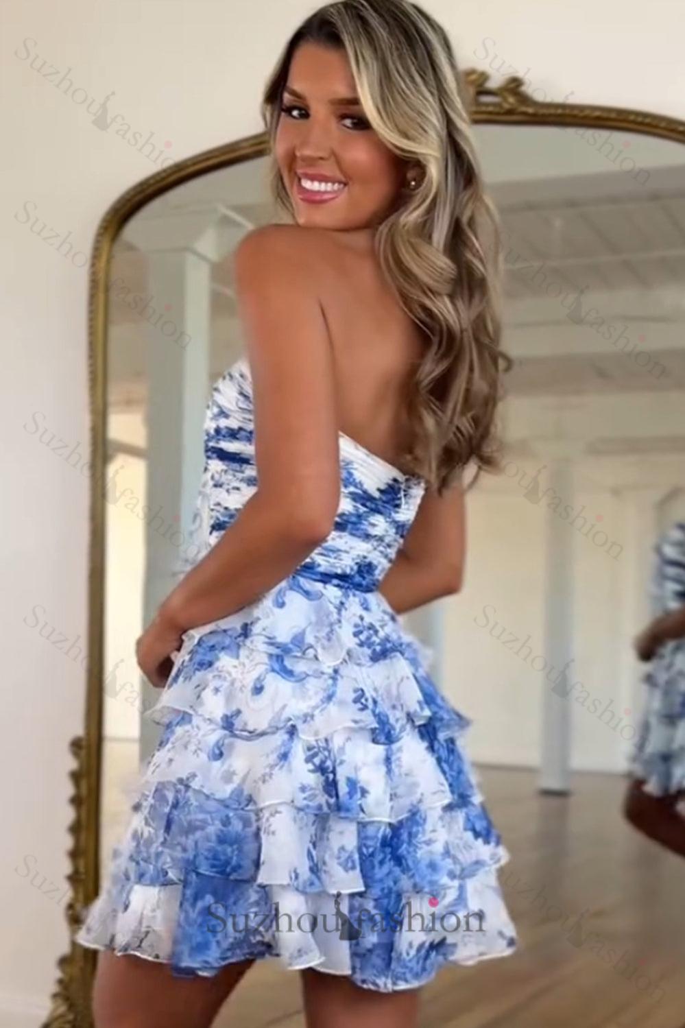White And Blue Floral Homecoming Dresses Strapless Short Ruffled Cocktail Dresses With Bow