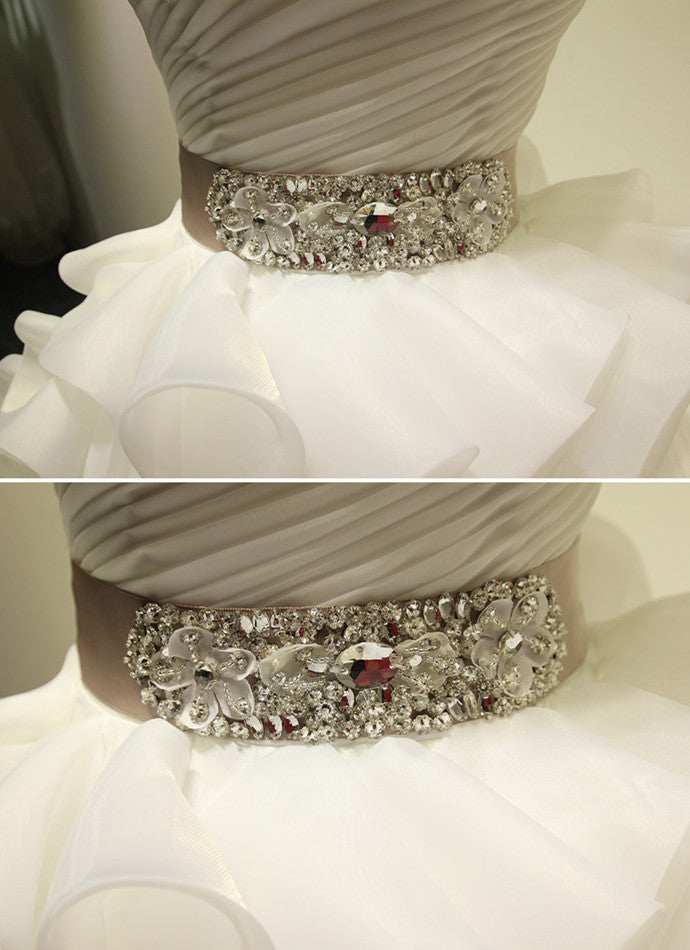 White Ball Gown Crystal  Wedding Dresses Tulle Tiered Sash Bridal Dresses