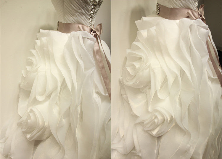 White Ball Gown Crystal  Wedding Dresses Tulle Tiered Sash Bridal Dresses