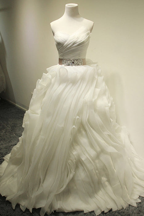 White Ball Gown Crystal  Wedding Dresses Tulle Tiered Sash Bridal Dresses