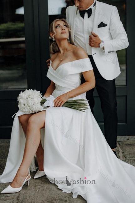 White Beach Wedding Dress A Line Off The Shoulder Split Front Lace Up Long Bridal Gown Panel Train
