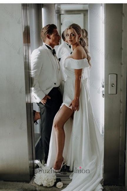 White Beach Wedding Dress A Line Off The Shoulder Split Front Lace Up Long Bridal Gown Panel Train