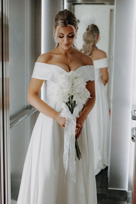 White Beach Wedding Dress A Line Off The Shoulder Split Front Lace Up Long Bridal Gown Panel Train