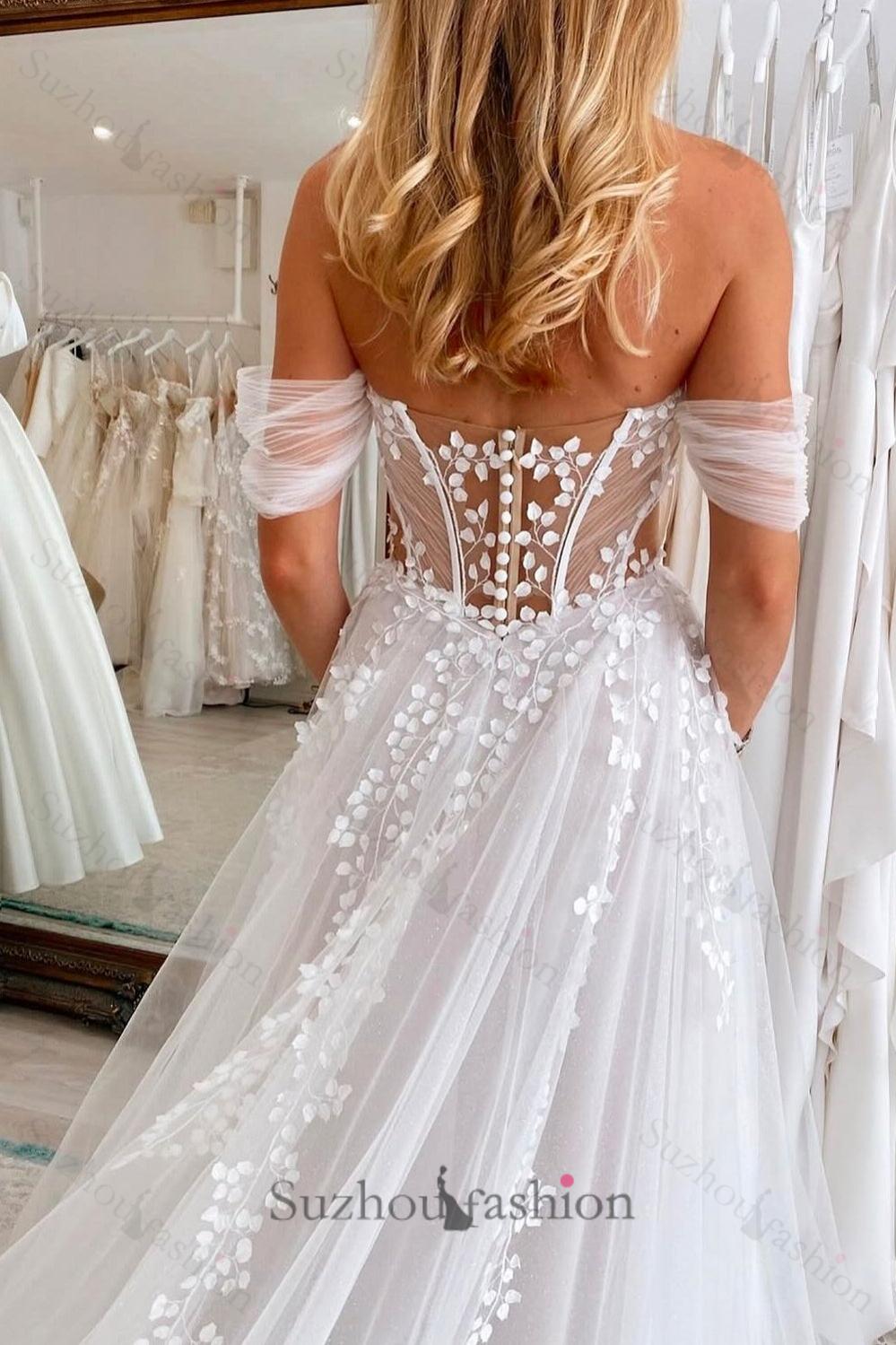 White Beach Wedding Dress A Line V Neck Off The Shoulder Sleeveless Sweep Train Tulle Bridal Gown With Appliques