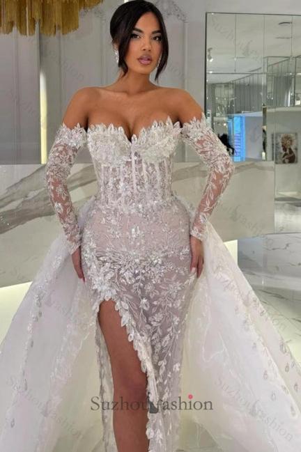 White Beach Wedding Dress Column Sweetheart Off The Shoulder Long Sleeves Panel Train Lace Bridal Gown With Slit