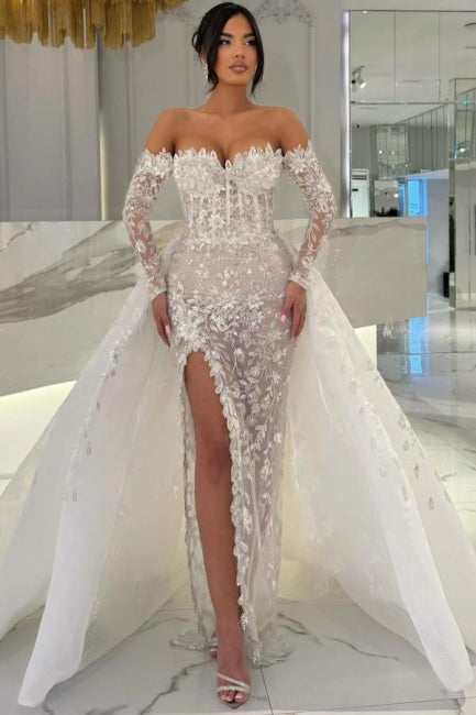 White Beach Wedding Dress Column Sweetheart Off The Shoulder Long Sleeves Panel Train Lace Bridal Gown With Slit