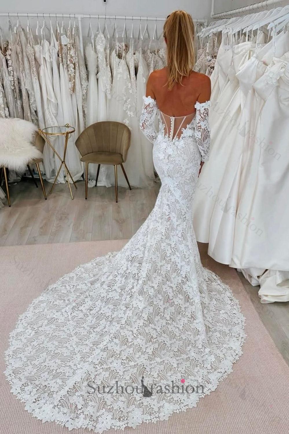 White Beach Wedding Dress Lace Mermaid Sweetheart Off The Shoulder Long Sleeves Cathedral Train Bridal Gown