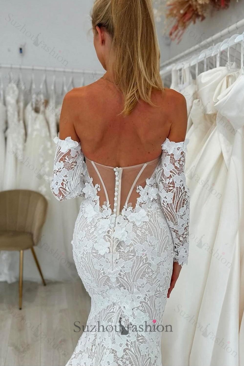 White Beach Wedding Dress Lace Mermaid Sweetheart Off The Shoulder Long Sleeves Cathedral Train Bridal Gown