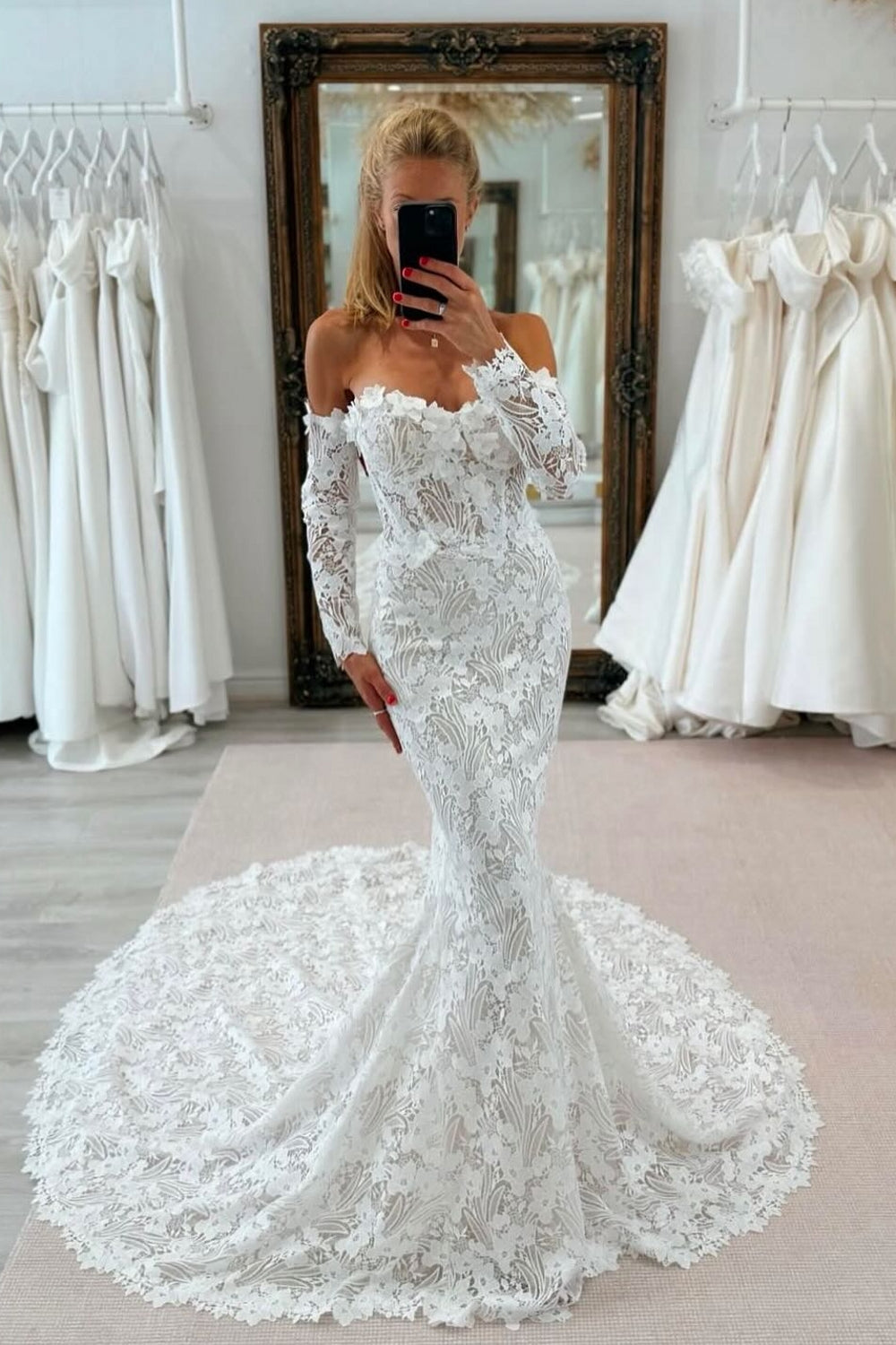 White Beach Wedding Dress Lace Mermaid Sweetheart Off The Shoulder Long Sleeves Cathedral Train Bridal Gown