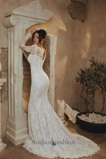 White Beach Wedding Dress Mermaid Portrait Sweetheart Long Sleeve Lace Bridal Gown