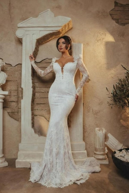 White Beach Wedding Dress Mermaid Portrait Sweetheart Long Sleeve Lace Bridal Gown