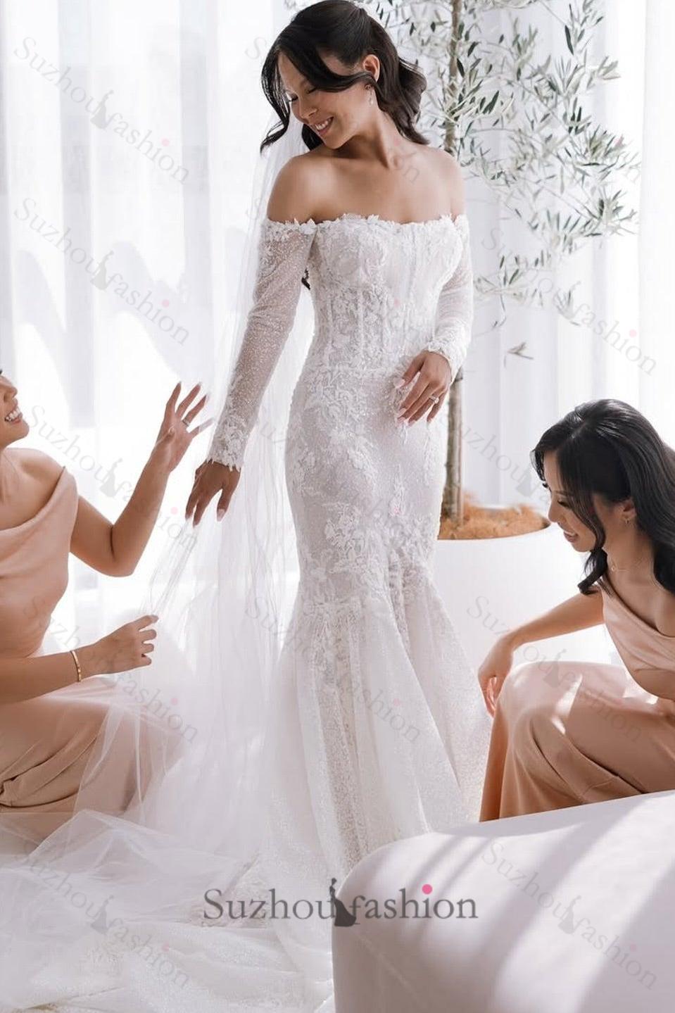 White Beach Wedding Dress Mermaid Strapless Off The Shoulder Beaded Lace Long Sleeves Cathedral Train Tulle Bridal Gown