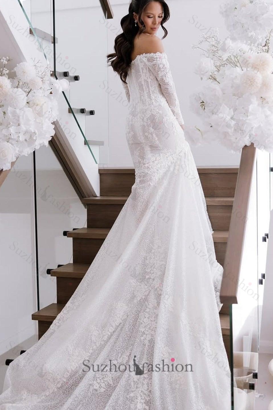 White Beach Wedding Dress Mermaid Strapless Off The Shoulder Beaded Lace Long Sleeves Cathedral Train Tulle Bridal Gown