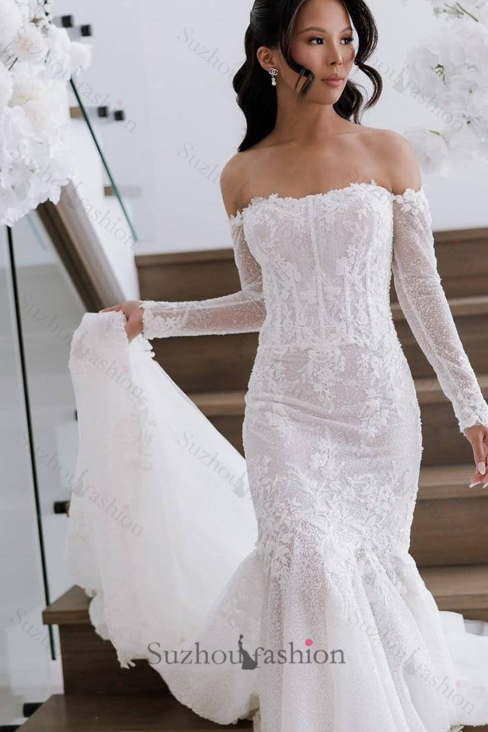 White Beach Wedding Dress Mermaid Strapless Off The Shoulder Beaded Lace Long Sleeves Cathedral Train Tulle Bridal Gown