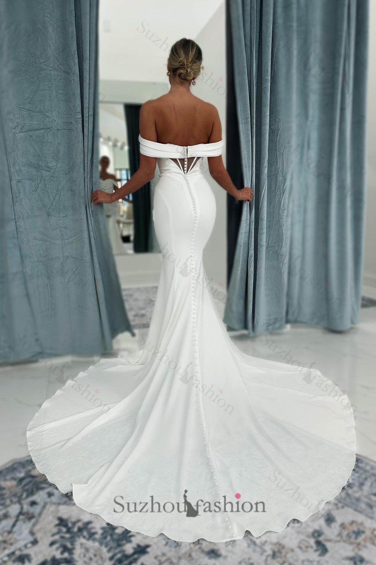 White Beach Wedding Dress Mermaid Strapless Off The Shoulder Long Satin Bridal Gown